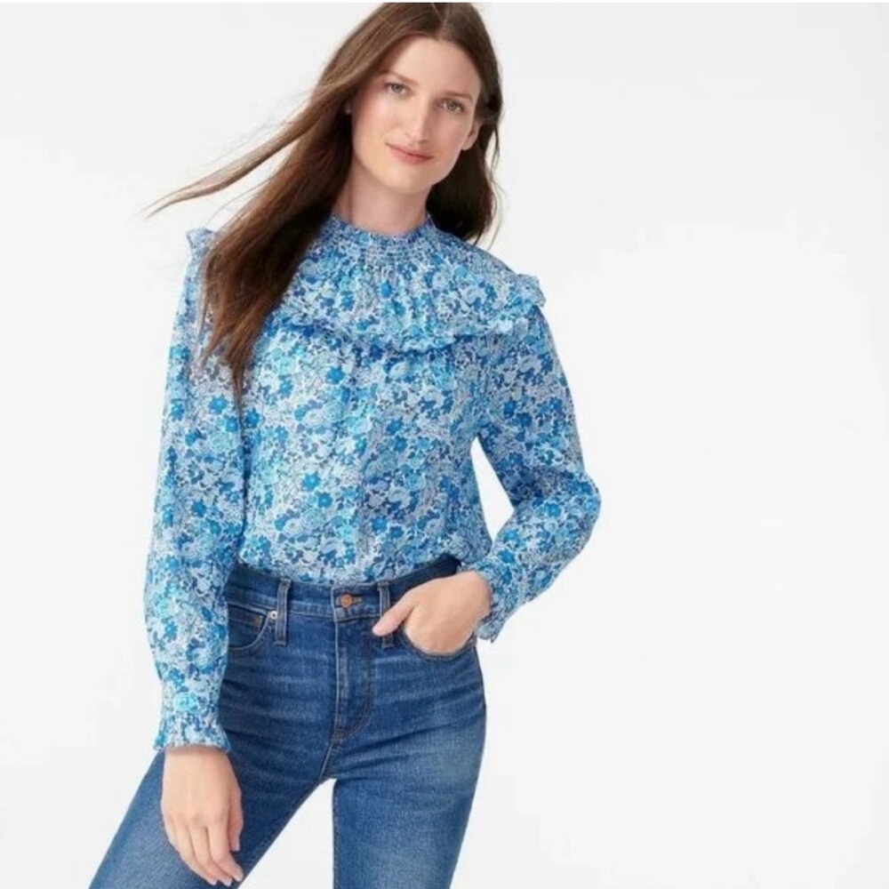 J. Crew Smocked Popover Top in Liberty Elysian Day Blue White Floral Small